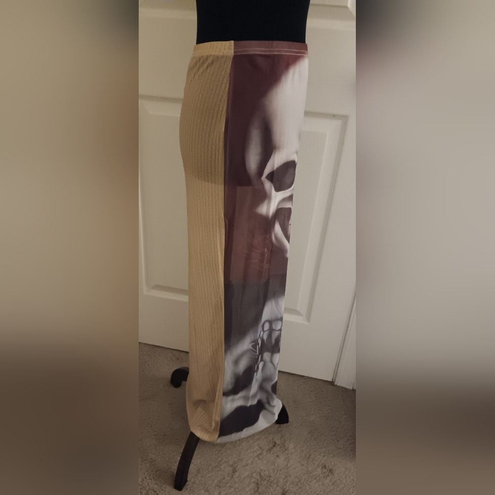 New Gray & Gold Sheer Gothic Skulls Bodycon Maxi Skirt Women's Size L - Picture 3 of 4